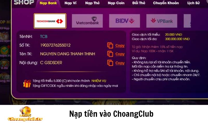 Nạp tiền vào Choang Club