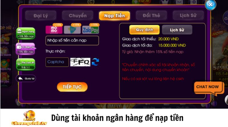 Dùng tài khoản ngân hàng để nạp tiền