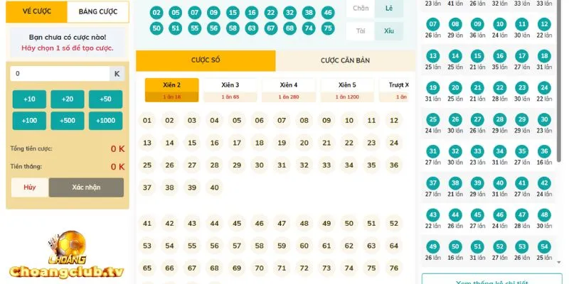 Giao diện Vietlott Keno được chia bố cục rõ ràng